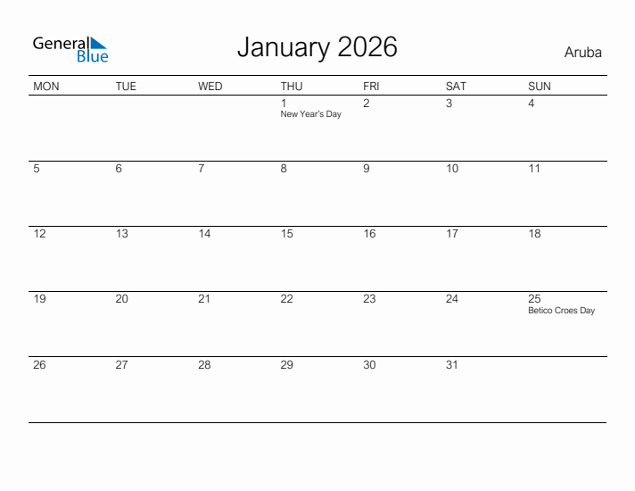 Printable January 2026 Calendar for Aruba