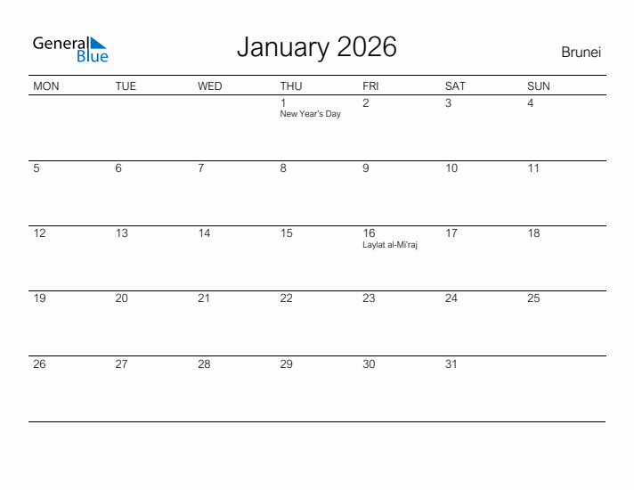 Printable January 2026 Calendar for Brunei