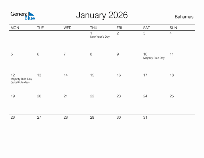 Printable January 2026 Calendar for Bahamas