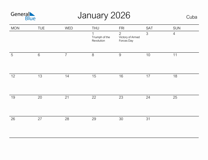 Printable January 2026 Calendar for Cuba