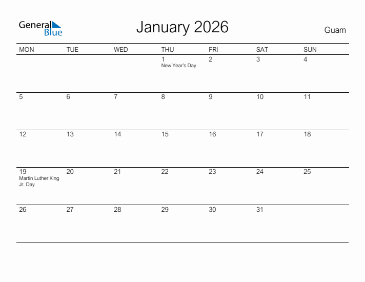 Printable January 2026 Calendar for Guam