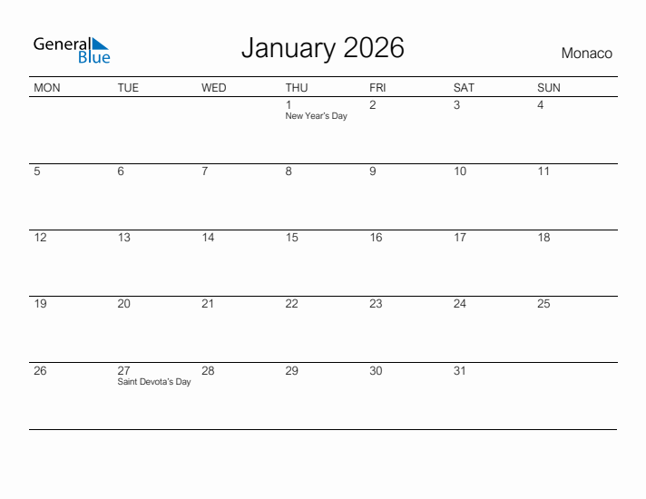 Printable January 2026 Calendar for Monaco