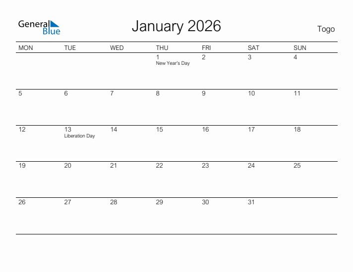 Printable January 2026 Calendar for Togo