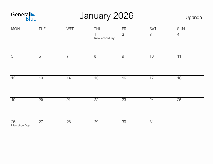 Printable January 2026 Calendar for Uganda