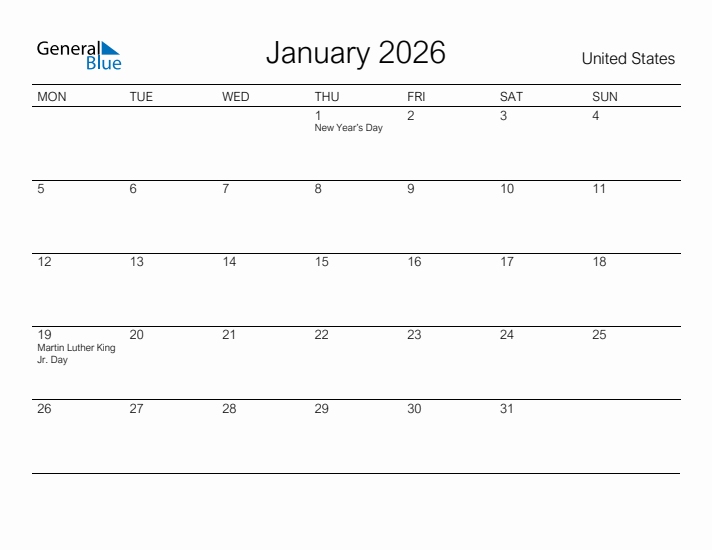 Printable January 2026 Calendar for United States