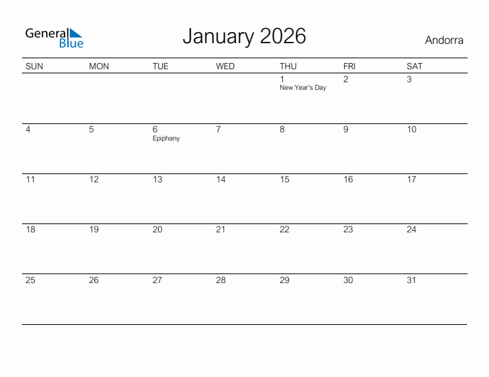 Printable January 2026 Calendar for Andorra