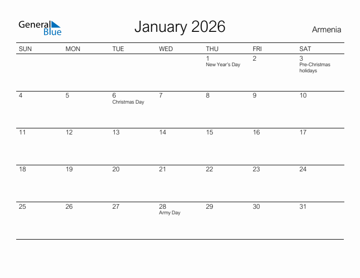 Printable January 2026 Calendar for Armenia