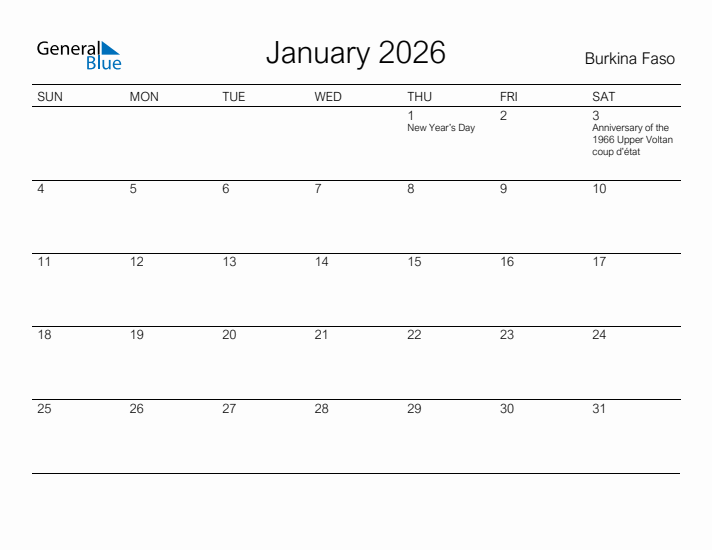 Printable January 2026 Calendar for Burkina Faso