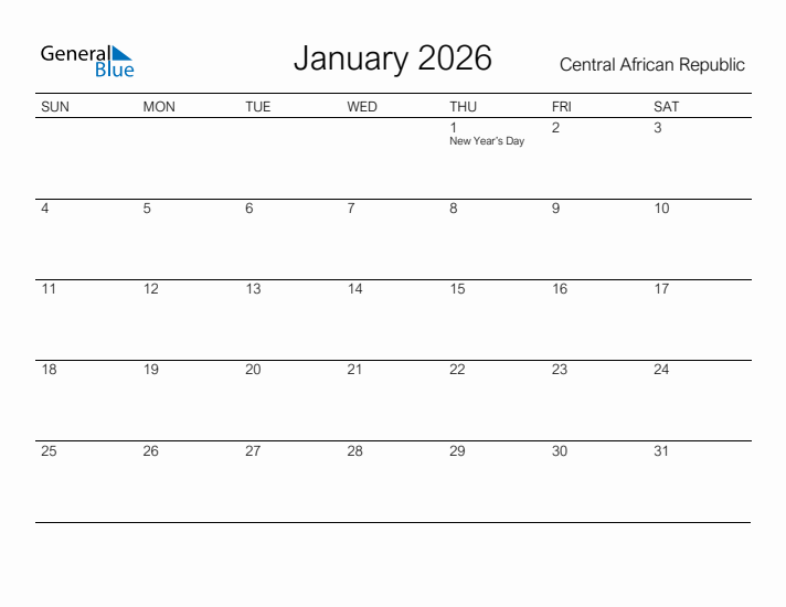 Printable January 2026 Calendar for Central African Republic