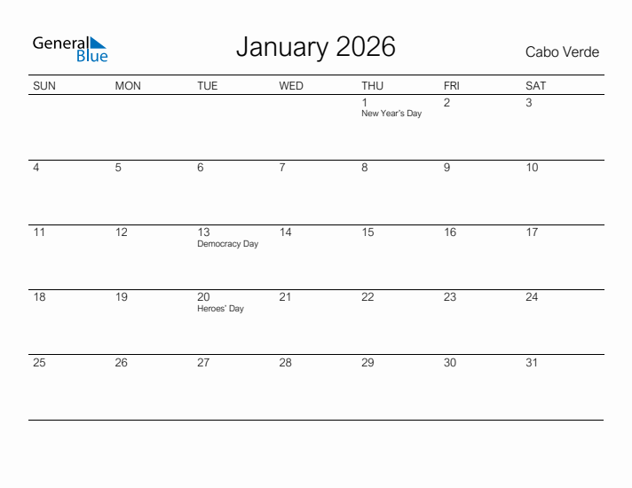 Printable January 2026 Calendar for Cabo Verde