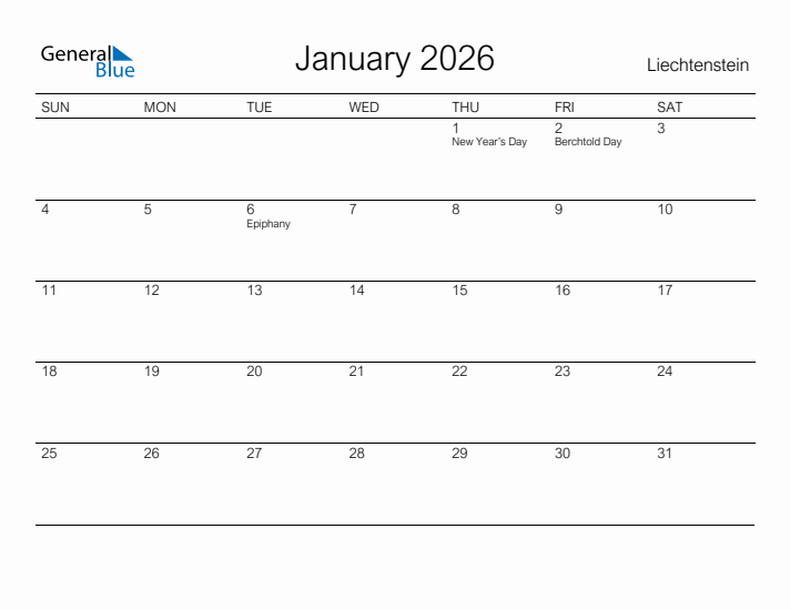 Printable January 2026 Calendar for Liechtenstein