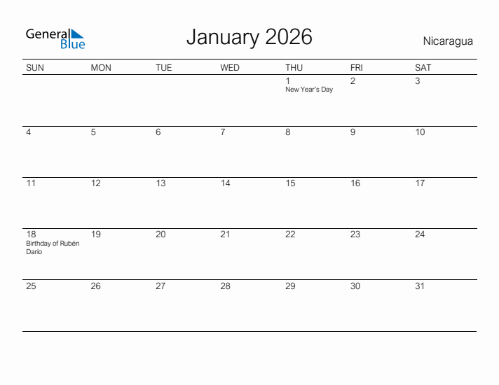 Printable January 2026 Calendar for Nicaragua