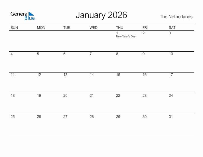 Printable January 2026 Calendar for The Netherlands