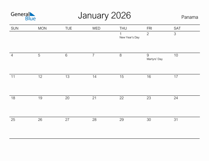 Printable January 2026 Calendar for Panama