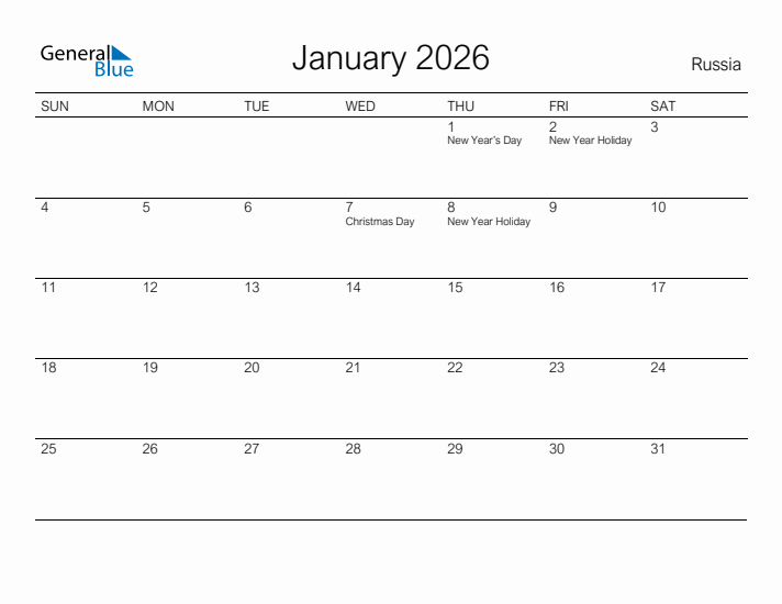 Printable January 2026 Calendar for Russia