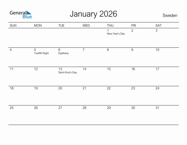 Printable January 2026 Calendar for Sweden