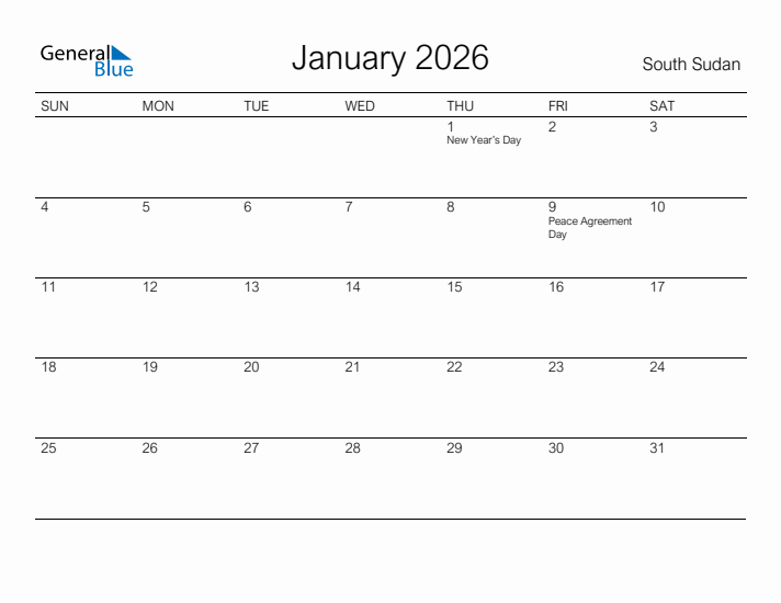 Printable January 2026 Calendar for South Sudan