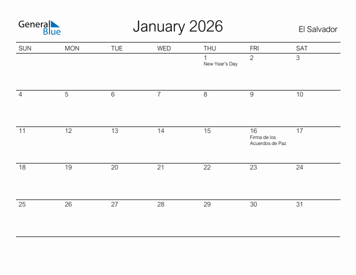 Printable January 2026 Calendar for El Salvador