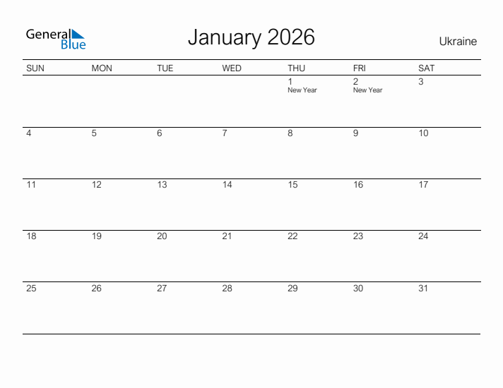 Printable January 2026 Calendar for Ukraine