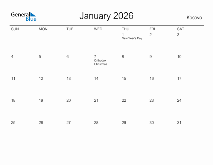 Printable January 2026 Calendar for Kosovo