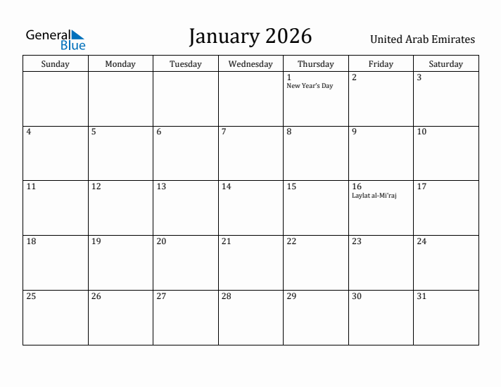 January 2026 Calendar United Arab Emirates