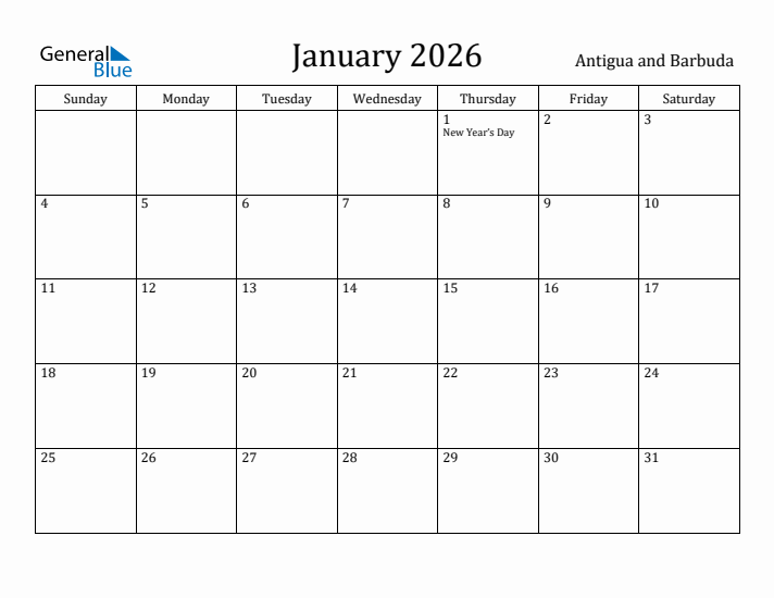 January 2026 Calendar Antigua and Barbuda