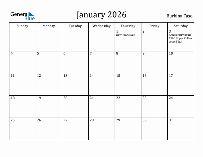 January 2026 Calendar Burkina Faso