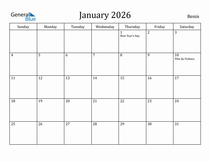 January 2026 Calendar Benin