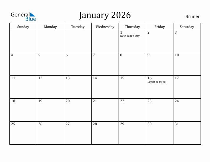 January 2026 Calendar Brunei