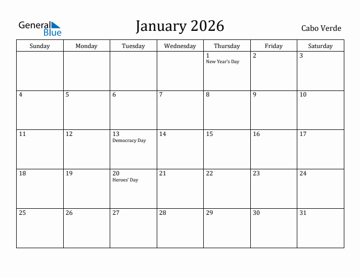 January 2026 Calendar Cabo Verde