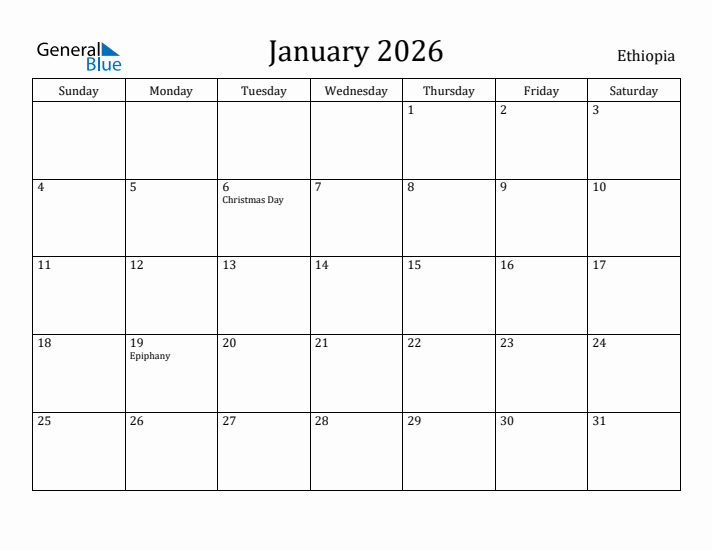 January 2026 Calendar Ethiopia