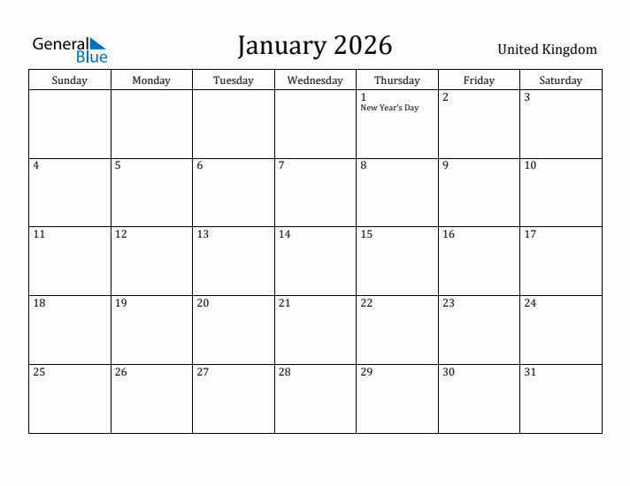 January 2026 Calendar United Kingdom