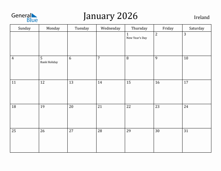 January 2026 Calendar Ireland