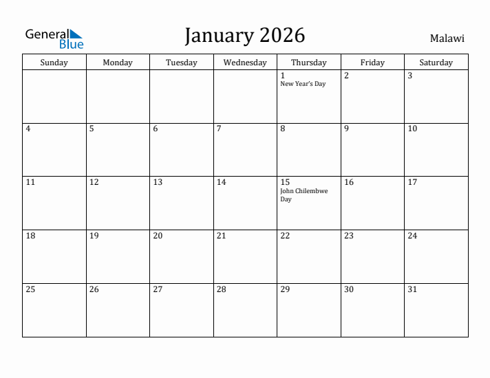 January 2026 Calendar Malawi