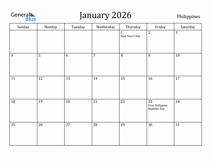 January 2026 Calendar Philippines