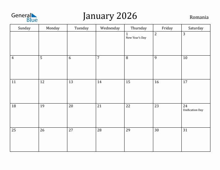 January 2026 Calendar Romania