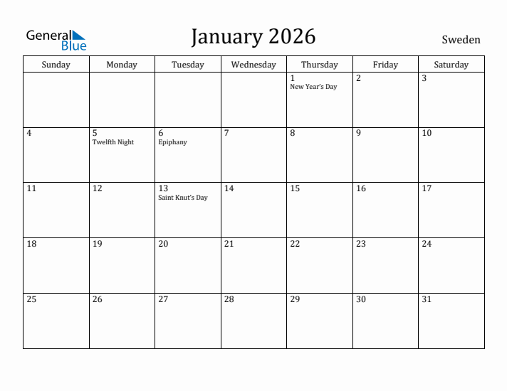 January 2026 Calendar Sweden