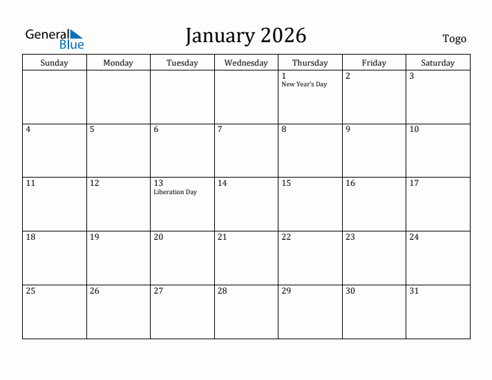 January 2026 Calendar Togo