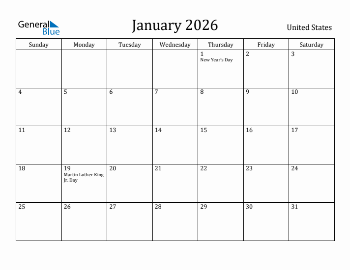 January 2026 Calendar United States