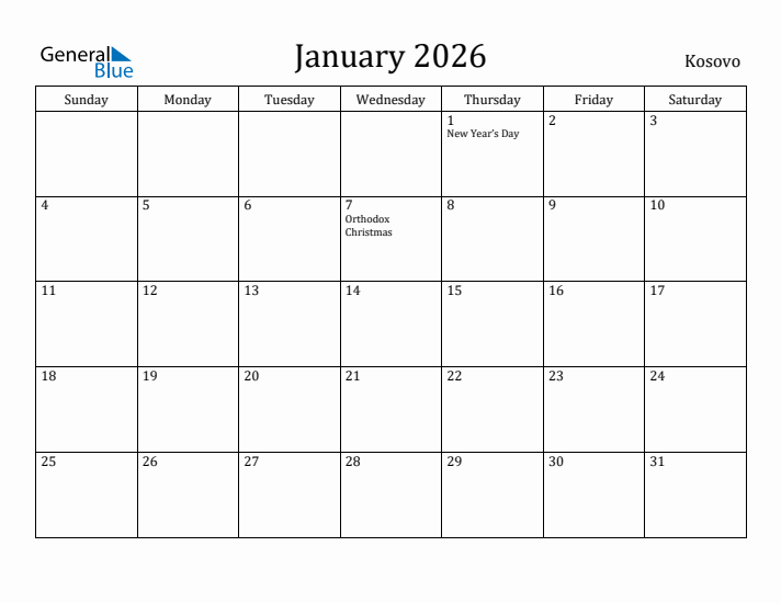 January 2026 Calendar Kosovo