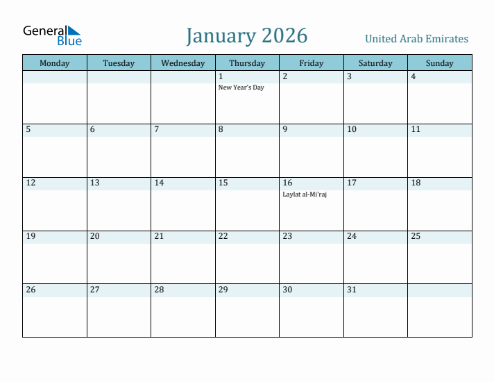 January 2026 Calendar with Holidays