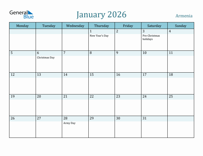 January 2026 Calendar with Holidays