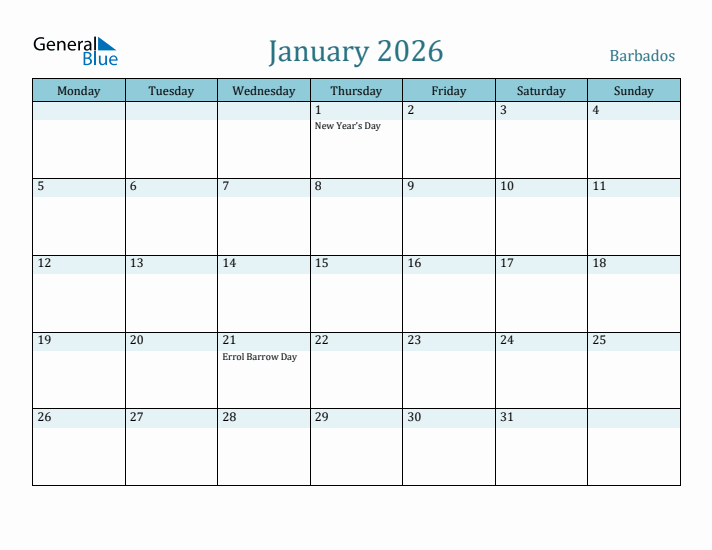 January 2026 Calendar with Holidays