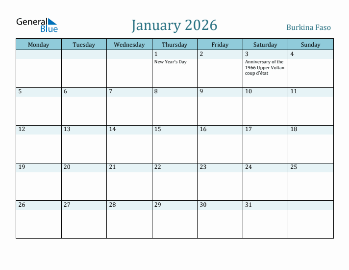 January 2026 Calendar with Holidays