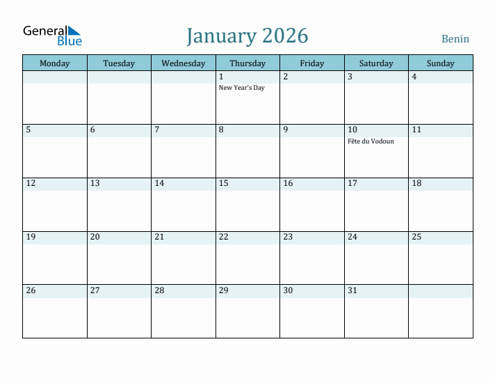 January 2026 Calendar with Holidays