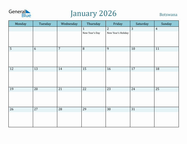 January 2026 Calendar with Holidays