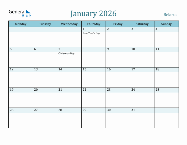 January 2026 Calendar with Holidays