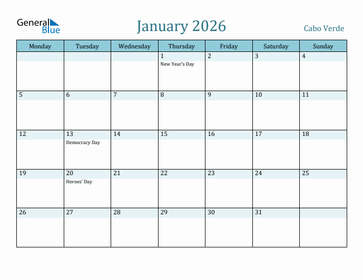 January 2026 Calendar with Holidays