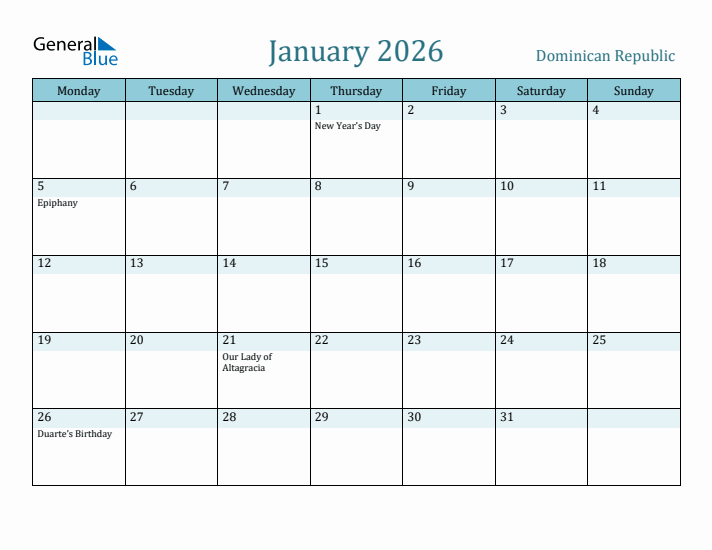 January 2026 Calendar with Holidays