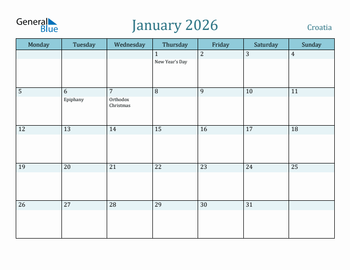 January 2026 Calendar with Holidays